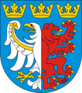 Herb powiatu pabianickiego - składa się z białego półorła po lewej i czerwonego półlwa po prawej. Nad hybrydą znajdują się trzy złote korony ułożone poziomo. 