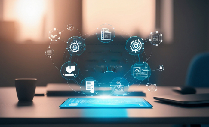 Biurko z symbolicznymi ikonami związanymi z AI